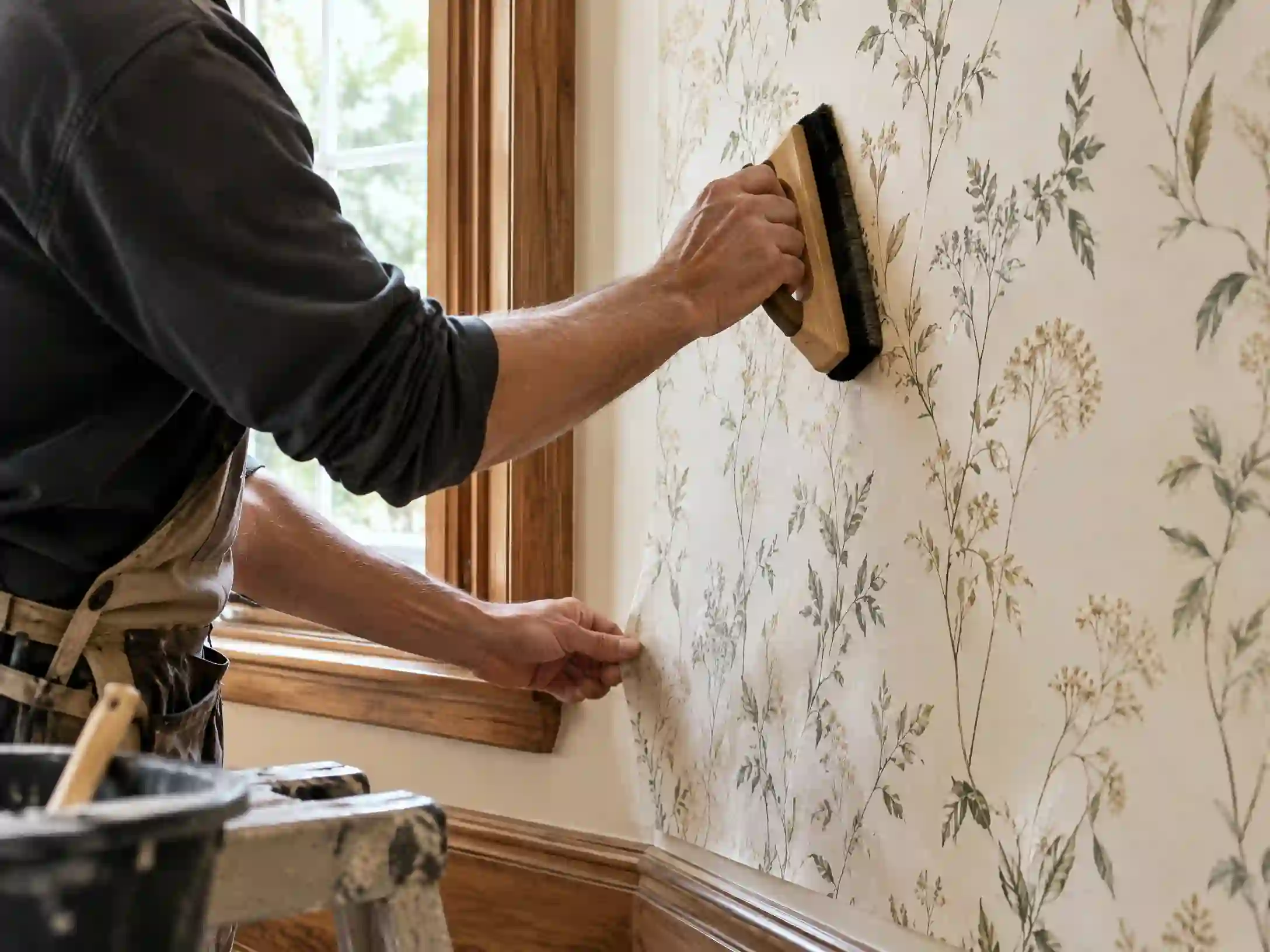 Professional wallpaper installer working on a collective interior installation